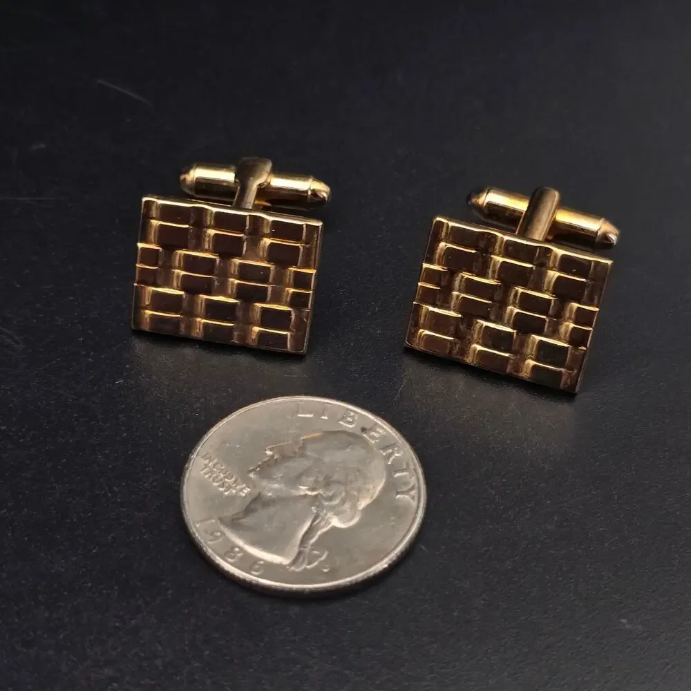 Gold Tone Rectangle Cufflinks Textured Brick Lattice Woven